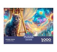 Un Chat Gris s'assoit sur Une Palette d'artiste, Fond Cosmique Puzzle De 1000 Pièces Pet Chat Mignon Loisirs Familiaux, Adultes Et Enfants 52x38cm/1000pcs