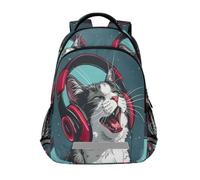 Un chat heureux portant des écouteurs, art de dessin animé, sacs à dos pour enfants, sac d'école, sac à dos d'étudiant, sac à dos décontracté pour garçons et filles, Un chat heureux portant des