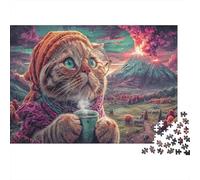 Un Chat sorbe du café en éruption de volcans Picture Puzzle 1000pcs Puzzles Pet for Teenagers Jeu Éducatif Défi pour Adulte 38x26cm/1000pcs