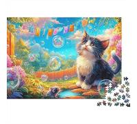 Un Chaton Joue avec des Bulles près d'une clôture et d'une Souris Puzzle De 1000 Pièces Chat Mignon Défi De Jeu d'esprit pour Adultes Et Enfants 38x26cm/1000pcs