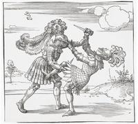 Un chevalier nommé Freydal bat un autre nommé Jörg von Weisspriach dans un combat au corps à corps à corps tous deux armés uniquement de poignards. Fait partie d'une série d'illustrations sur le