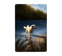 Un Chien Blanc Courait Au Bord De La Rivière Métallique Panneau Drôle Plaque Étain Signe Rétro Affiche Poster Plaque Pour Chambre Bar Pub Maison