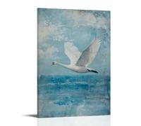 Un cygne glissant à travers l'eau invisible, ailes pliées en équilibre sur une surface d'huile bleu ciel délavée. Décoration murale artistique moderne à suspendre, 20 x 30 cm
