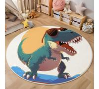 Un Dinosaure Qui Porte Des Lunettes Tapis Rond 100cm, Animal De Dessin Animé Mignon Tapis De Sol Décoration Doux Antidérapant Pour Chambre à Coucher Balcon Errasse Salle à Manger Intérieur, Bleu-Vert