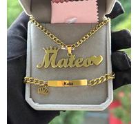 Un ensemble de bijoux personnalisés avec nom, pendentif couronne d'amour en acier inoxydable plaqué or 18 carats, caractères gravables, ensemble bracelet et collier pour adolescents, mode de rentrée s