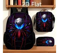 Un ensemble de trois sacs à dos unisexe de grande capacité, orné d'un motif d'araignée 2D rouge et bleu tendance. Il est doté de bretelles réglables et d'une fermeture à glissière. L'ensemble com Maté