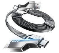 [Un est suffisant] Câble 4 en 1 compatible avec USB C vers Lightning, charge haute vitesse de 60 W et transfert de données rapide, support automatique CarPlay et Android pour iPhone/Samsung/iPad, 0,9