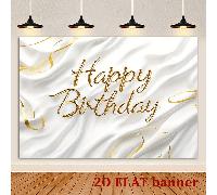 Un fond de photographie de studio et une bannière de table élégants et grands pour fête d'anniversaire, en blanc pur avec une inscription "Happy Birthday" en cursive dorée exquise. Idéal pour la décor