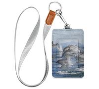 Un groupe de dauphins à long bec sauté hors de l'eau - Porte-badge en cuir synthétique - 3 emplacements pour cartes - Étui portefeuille de sécurité avec bouton pression - Pour bureau, école, étudiant