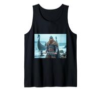 Un guerrier viking féroce saisit une hache sur la rive rocheuse orageuse Débardeur