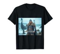 Un guerrier viking féroce saisit une hache sur la rive rocheuse orageuse T-Shirt