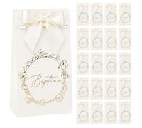 Un Jour En Or - Pack Sachets Dragées (Pack 20 Contenants Dragées Baptême : 2 x 10 Sachets avec Ruban et Médaillon Baptême - (Ivoire et Or) (2 x 10 Contenant sachets)