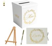 Un Jour En Or - Pack Signature Blanc et Or : 4 éléments (Urne Merci, Livre d’or, Stylo encre doré, Chevalet en bois) pour mariage, baptême, anniversaire, départ en retraite et toutes célébrations