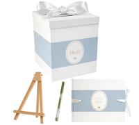 Un Jour En Or - Pack Signature Bleu et Blanc : 4 éléments (Urne Merci, Livre d’or, Stylo encre doré, Chevalet en bois) pour mariage, baptême, anniversaire, départ en retraite et toutes célébrations