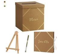 Un Jour En Or - Pack Signature Kraft et Or : 4 éléments (Urne Merci, Livre d’or, Stylo encre doré, Chevalet en bois) pour mariage, baptême, anniversaire, départ en retraite et toutes célébrations