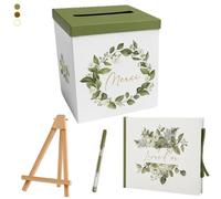 Un Jour en Or - Pack Signature Vert et Or : 4 éléments (Urne Merci, Livre d’Or, Stylo Encre doré, Chevalet en Bois) pour Mariage, baptême, Anniversaire, départ en Retraite et Toutes célébrations