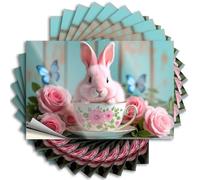 Un lapin rose assis dans une tasse de thé florale entourée de roses et de papillons. Fléchettes de Noël à faire soi-même | Autocollant en vinyle amovible à l'eau (12 x 18 cm)