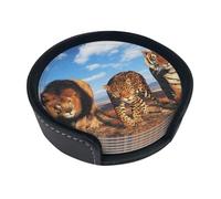 Un Lion, Un léopard et Un Tigre se Battent pour de la Nourriture,Lot de 6 Dessous de Verre Ronds en Cuir synthétique avec Support pour la Maison, Le Bureau et la Cuisine