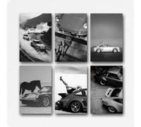 Un lot de 6 posters rétro noir et blanc 911 sans cadre, images sur toile, décorations murales, affiches de salon, images de chambre à coucher, cadeaux d'anniversaire et de vacances, 20 x 30 cm