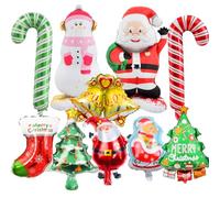 Un lot de dix ballons en aluminium de Noël, imprimés de motifs festifs représentant le Père Noël, constitue un choix idéal pour les décorations de fêtes