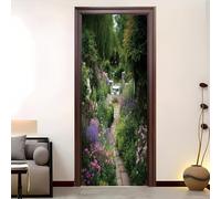 Un Magnifique Jardin de Style EuropéEn Sticker Mural Porte 77x200 cm Autocollant Décoration - Poster de Porte Vert Résistant aux Rayures et aux Taches Stickers Muraux - Film Adhésif