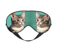 Un masque pour les yeux double face imprimé chat curieux design réglable bloquant la lumière et respirant, adapté pour le repos et les voyages.