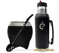 Un Mate - Coffret Yerba Mate Complet : Calabaza Inox 280 ml, Bombilla Noire, bouteille isotherme 1L, Brosse de Nettoyage, Boîte Cadeau Élégante, Sans BPA