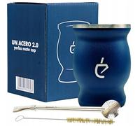 Un Mate Ensemble de Démarrage Yerba Mate - Tasse en Inox 230 ml, Bombilla Inox 16,5 cm, Brosse de Nettoyage et Coffret Cadeau Élégant (Bleu)