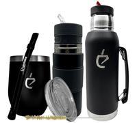 Un Mate Kit Yerba Mate TAKE AWAY: Gourde Inox 350 ml avec Couvercle, Bombilla Noire Inoxydable, bouteille isotherme 1000 ml, Matelisto Autocebante 500 ml, Brosse de Nettoyage, Sans BPA
