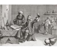 Un médecin européen du XVIIe siècle examine une fiole d'urine d'une patiente âgée. Après une impression du XVIIe siècle par Quirin Boel d'après la peinture de David Teniers. Poster imprimé par Ken
