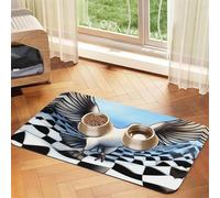 Un oiseau avec un fond d'échiquier surréaliste pour animaux de compagnie, tapis d'alimentation pour chien et chat, nappe en cuir absorbant pour nourriture et bol d'eau, imperméable, sans taches