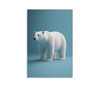 Un ours polaire blanc majestueux debout immobile sur un fond bleu glacial pur, symbolisant le silence, la puissance et la solitude arctique. Décoration murale moderne à suspendre 40 x 60 cm