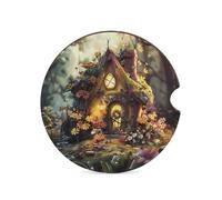 Un petit dessous de verre en forme de maison de conte de fées pour porte-gobelet en bois absorbant - 6,6 cm - Base en liège antidérapant - Accessoires d'intérieur pour homme et femme - 1 pièce