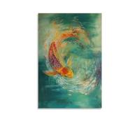 Un poisson koi coloré qui entoure des ondulations invisibles, écailles scintillantes sur une toile douce vert marin. Décoration murale moderne à suspendre 20 x 30 cm