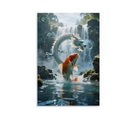 Un poisson koi surge contre le courant à travers une cascade, écailles étincelantes, avec une ombre de dragon cachée dans la brume Décoration murale contemporaine 60 x 90 cm