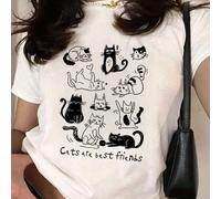 Un pull décontracté à col rond imprimé, t-shirt à manches courtes pour filles et enfants en été - un t-shirt coloré et vivant sur le thème des chats mignons et amusants, qui apporte de la joie et du b