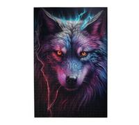 Un puzzle photo de loup bleu et rouge. Puzzle en bois pour adultes, décoration murale unique
