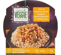 Un repas végétal épicé et complet en quelques minutes avec CARREFOUR VEGGIE Plat cuisiné tajine de légumes, boulgour, épeautre et raisins secs, format 300g - Lot de 4
