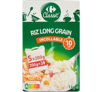 Un riz cuit en 10 min sans coller - CARREFOUR Riz Long Grain Incollable, Format Familial 5x200g, Box 1kg - Lot de 4