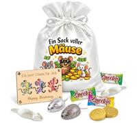 Un sac plein de souris - Cadeau d'argent amusant dans un sac en satin réutilisable de taille L - Avec plaque en bois « Quelques souris pour toi », grignoteur cash et bonbons
