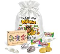 Un sac plein de souris - Cadeau d'argent personnalisé dans un sac en satin réutilisable de taille L - Avec texte au choix, plaque en bois « Quelques souris pour toi », grignotage et bonbons
