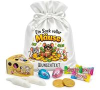 Un sac plein de souris - Cadeau d'argent personnalisé dans un sac en satin réutilisable de taille M - Avec texte au choix, boîte de coin fromage à remplir et bonbons souris