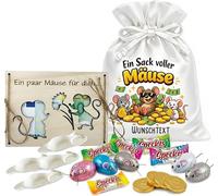 Un sac plein de souris - Cadeau d'argent personnalisé dans un sac en satin réutilisable taille XL - Avec texte au choix, grande plaque en bois, grignotage et bonbons supplémentaires à la souris