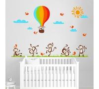 Un singe sautant les oiseaux du soleil ballon. Papiers peints art déco. Décoration de pépinière. Sticker chambre de bébé. Autocollant mural pour garçons et filles. Autocollant mural de singes.