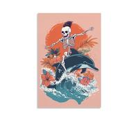 Un squelette funky avec mohawk chevauchant un dauphin à travers les vagues de l'océan, fleurs tropicales autour, fond rose minimaliste, art mural, décoration murale moderne, affiche d'art à suspendre