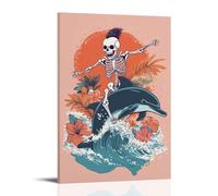 Un squelette funky avec mohawk chevauchant un dauphin à travers les vagues de l'océan, fleurs tropicales autour, fond rose minimaliste, art mural, décoration murale moderne, affiche d'art à suspendre