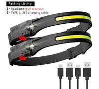 Un Style 2pc - Lampe Frontale À Induction Cob Led, Avec Batterie Au Lithium 1200mah Intégrée, Rechargeable, Portable, 5 Modes, Torche D'avertissement