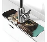 Un tapis de robinet curieux en forme de chat pour évier de cuisine, 14 x 38 cm, tapis à séchage rapide en diatomite, plateau d'évier super absorbant, poignée de robinet attrape-gouttes pour cuisine
