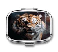 Un tigre dans une cage à pilules à 2 compartiments, petite boîte en métal, organisateur de pilules de voyage, récipient de médicaments portable, mini support de médicaments quotidiens pour