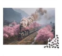 Un Train à Vapeur avec des Fleurs de Cerisier Roses sur Le côté 70x50cm/1000pcs Puzzle pour Adultes -,Jouet De DIY